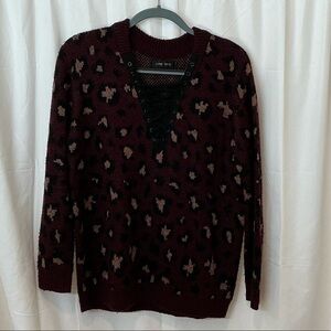 Love Tree Burgundy Leopard Print Lace-Up V-Neck Sweater - Size M